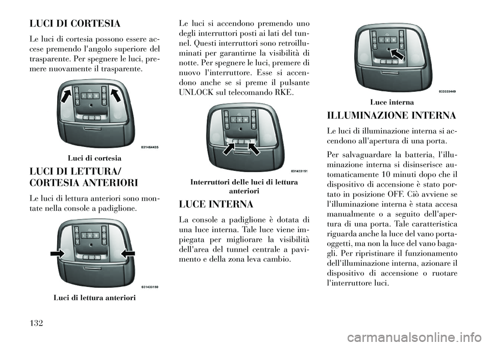 Lancia Thema 2013 Libretto Uso Manutenzione (in Italian) LUCI DI CORTESIA
Le luci di cortesia possono essere ac-
cese premendo langolo superiore del
trasparente. Per spegnere le luci, pre-
mere nuovamente il trasparente.
LUCI DI LETTURA/
CORTESIA ANTERIORI Lancia Thema 2013 Libretto Uso Manutenzione (in Italian) LUCI DI CORTESIA
Le luci di cortesia possono essere ac-
cese premendo langolo superiore del
trasparente. Per spegnere le luci, pre-
mere nuovamente il trasparente.
LUCI DI LETTURA/
CORTESIA ANTERIORI