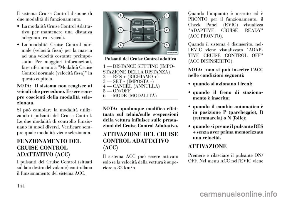 Lancia Thema 2013 Libretto Uso Manutenzione (in Italian) Il sistema Cruise Control dispone di
due modalità di funzionamento:
La modalità Cruise Control Adatta-tivo per mantenere una distanza
adeguata tra i veicoli.
La modalità Cruise Control nor- mal Lancia Thema 2013 Libretto Uso Manutenzione (in Italian) Il sistema Cruise Control dispone di
due modalità di funzionamento:
La modalità Cruise Control Adatta-tivo per mantenere una distanza
adeguata tra i veicoli.
La modalità Cruise Control nor- mal