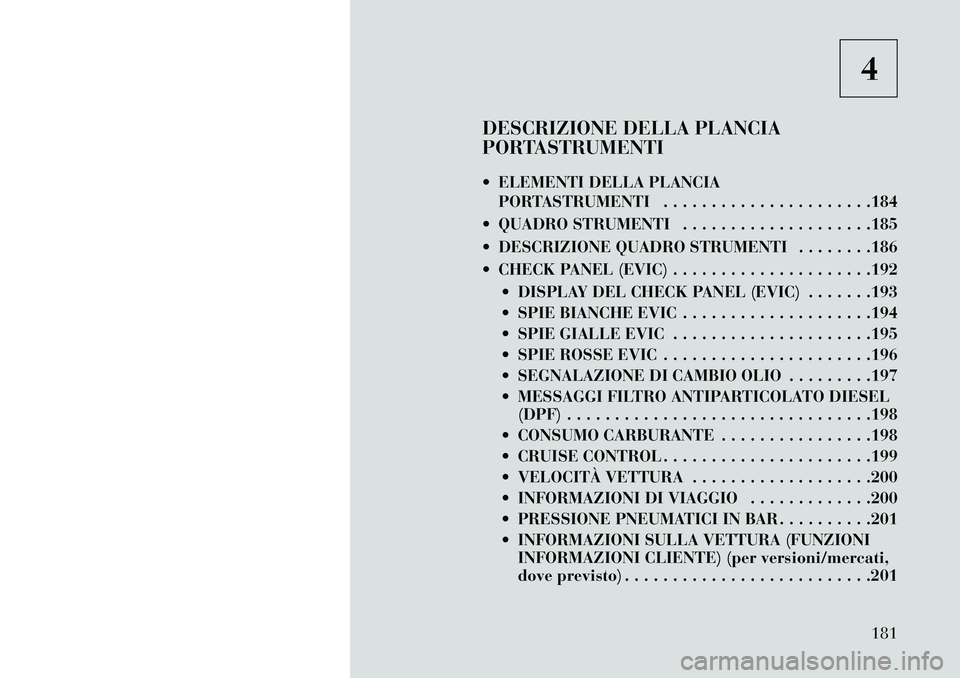 Lancia Thema 2013  Libretto Uso Manutenzione (in Italian) 4
DESCRIZIONE DELLA PLANCIA
PORTASTRUMENTI
 ELEMENTI DELLA PLANCIA PORTASTRUMENTI . . . . . . . . . . . . . . . . . . . . . .184
 QUADRO STRUMENTI . . . . . . . . . . . . . . . . . . . .185
 DESCRI
