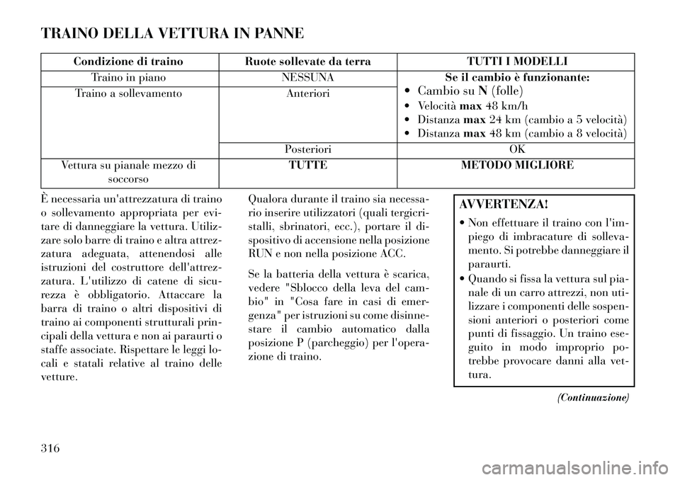 Lancia Thema 2013  Libretto Uso Manutenzione (in Italian) TRAINO DELLA VETTURA IN PANNE
Condizione di trainoRuote sollevate da terra TUTTI I MODELLI
Traino in piano NESSUNASe il cambio è funzionante:
 Cambio su N(folle)
 Velocità max48 km/h
 Distanza ma
