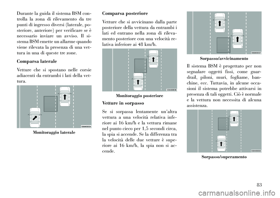 Lancia Thema 2013  Libretto Uso Manutenzione (in Italian) Durante la guida il sistema BSM con-
trolla la zona di rilevamento da tre
punti di ingresso diversi (laterale, po-
steriore, anteriore) per verificare se è
necessario inviare un avviso. Il si-
stema 