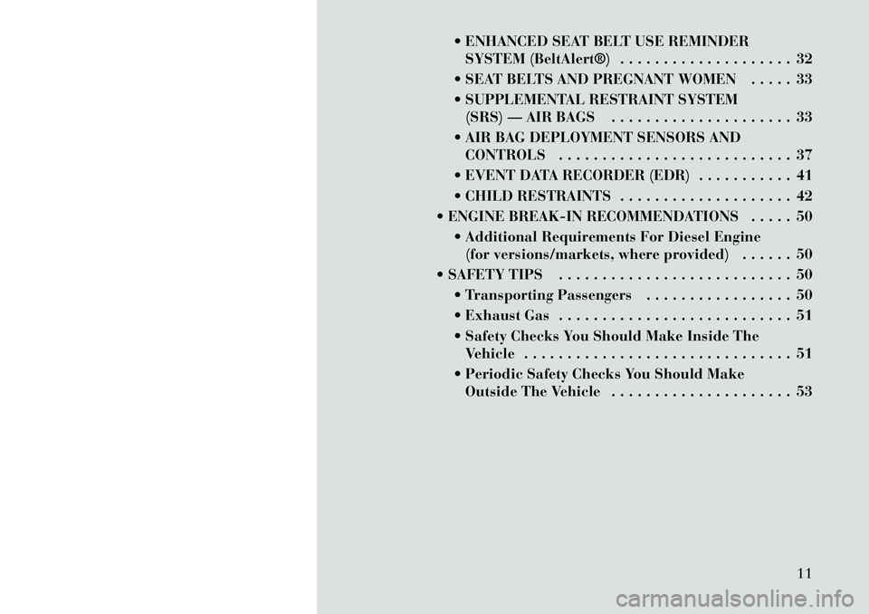 Lancia Thema 2012  Owner handbook (in English)  ENHANCED SEAT BELT USE REMINDERSYSTEM (BeltAlert®) . . . . . . . . . . . . . . . . . . . . 32
 SEAT BELTS AND PREGNANT WOMEN . . . . . 33
 SUPPLEMENTAL RESTRAINT SYSTEM (SRS) — AIR BAGS . . . .