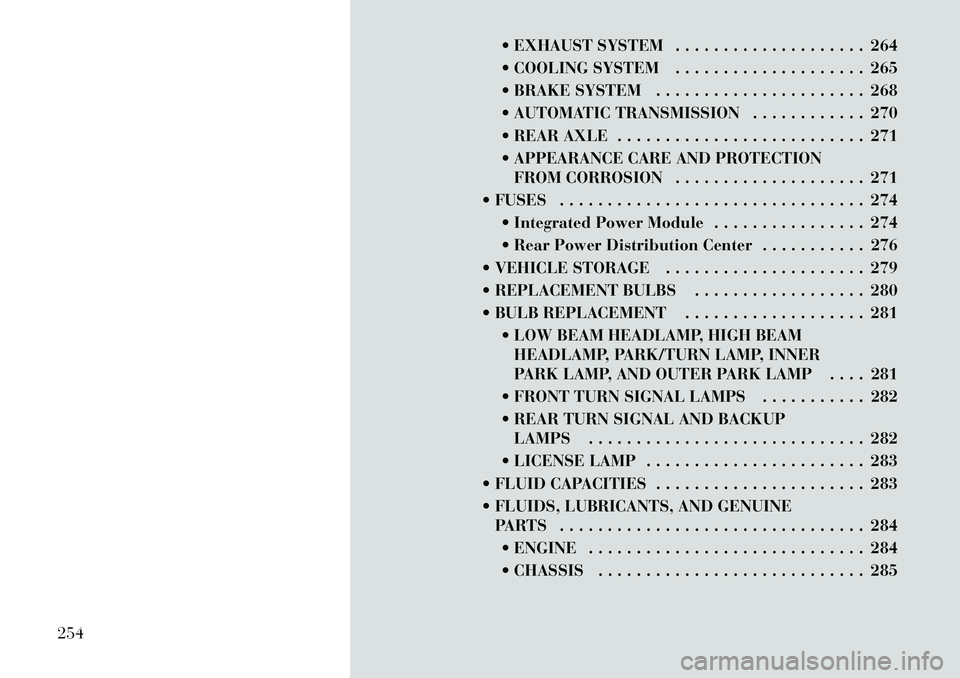 Lancia Thema 2012  Owner handbook (in English)  EXHAUST SYSTEM . . . . . . . . . . . . . . . . . . . . 264
 COOLING SYSTEM . . . . . . . . . . . . . . . . . . . . 265
 BRAKE SYSTEM . . . . . . . . . . . . . . . . . . . . . . 268
 AUTOMATIC TRA