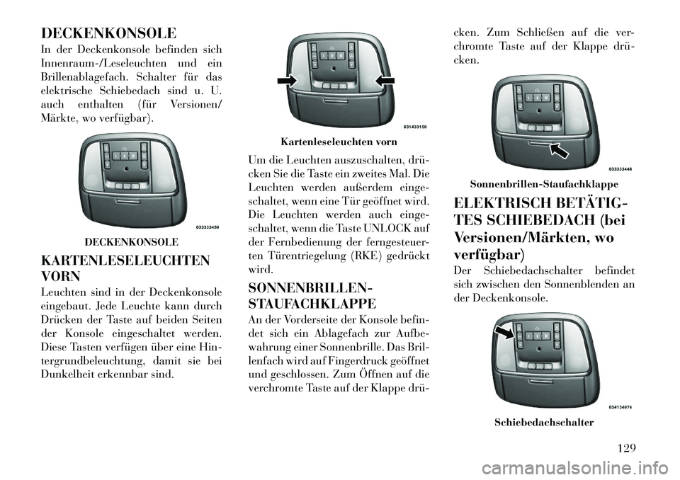 Lancia Thema 2012  Betriebsanleitung (in German) DECKENKONSOLE 
In der Deckenkonsole befinden sich 
Innenraum-/Leseleuchten und ein
Brillenablagefach. Schalter für das
elektrische Schiebedach sind u. U.
auch enthalten (für Versionen/
Märkte, wo v