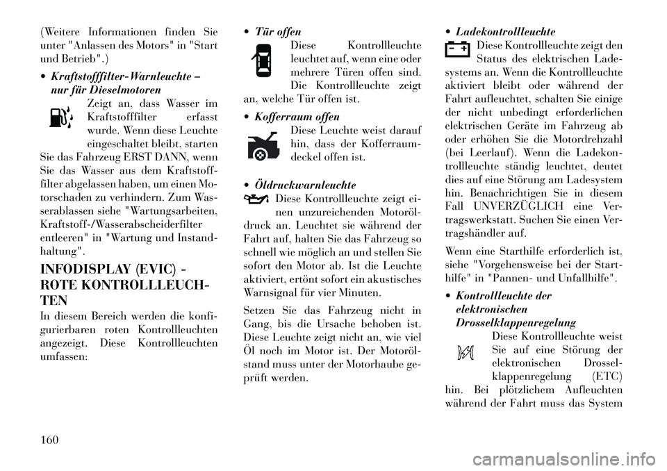 Lancia Thema 2012 Betriebsanleitung (in German) (Weitere Informationen finden Sie
unter "Anlassen des Motors" in "Start
und Betrieb".)
Kraftstofffilter-Warnleuchte –nur für Dieselmotoren Zeigt an, dass Wasser im
Kraftstofffilter erfasst
wur Lancia Thema 2012 Betriebsanleitung (in German) (Weitere Informationen finden Sie
unter "Anlassen des Motors" in "Start
und Betrieb".)
Kraftstofffilter-Warnleuchte –nur für Dieselmotoren Zeigt an, dass Wasser im
Kraftstofffilter erfasst
wur
