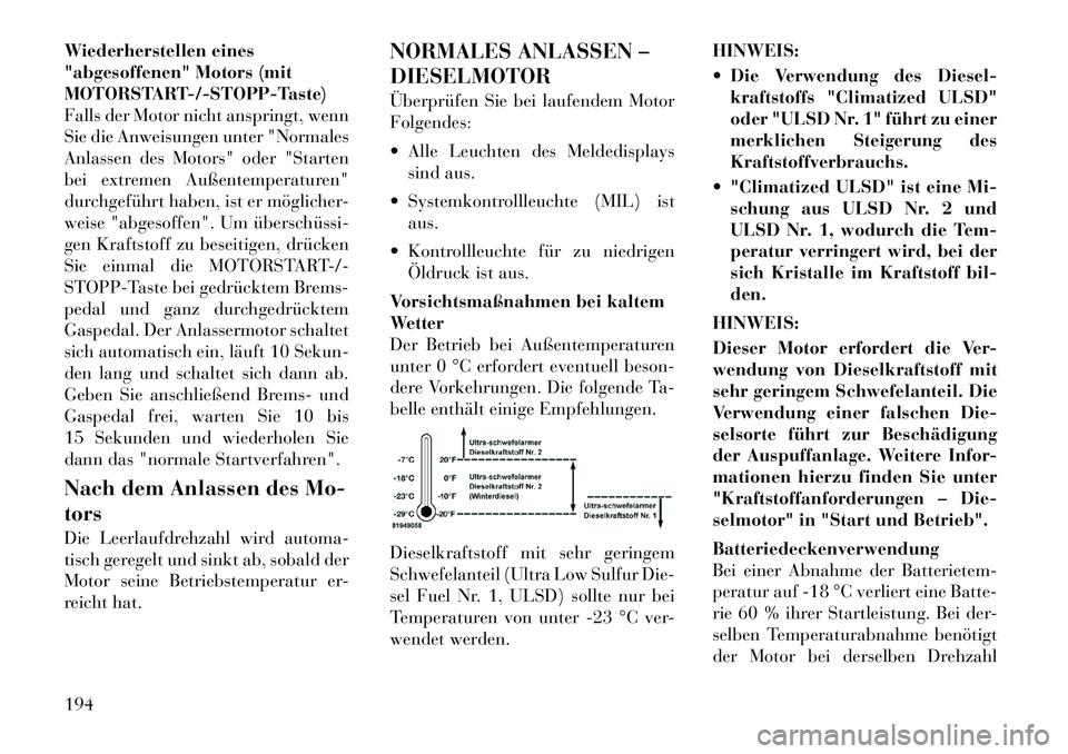 Lancia Thema 2012  Betriebsanleitung (in German) Wiederherstellen eines 
"abgesoffenen" Motors (mit
MOTORSTART-/-STOPP-Taste)
Falls der Motor nicht anspringt, wenn
Sie die Anweisungen unter "Normales
Anlassen des Motors" oder "Starten
bei extremen A