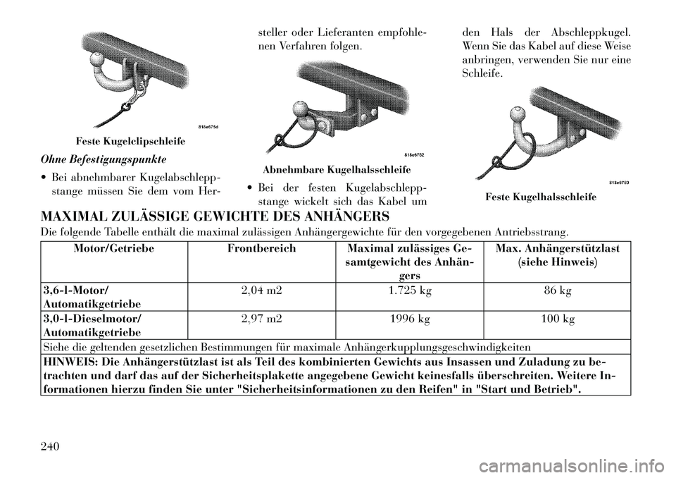 Lancia Thema 2012  Betriebsanleitung (in German) Ohne Befestigungspunkte 
 Bei abnehmbarer Kugelabschlepp-stange müssen Sie dem vom Her- steller oder Lieferanten empfohle- 
nen Verfahren folgen.
 Bei der festen Kugelabschlepp- stange wickelt sich