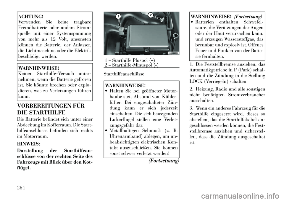 Lancia Thema 2012  Betriebsanleitung (in German) ACHTUNG! 
Verwenden Sie keine tragbare 
Fremdbatterie oder andere Strom-
quelle mit einer Systemspannung
von mehr als 12 Volt, ansonsten
können die Batterie, der Anlasser,
die Lichtmaschine oder die 