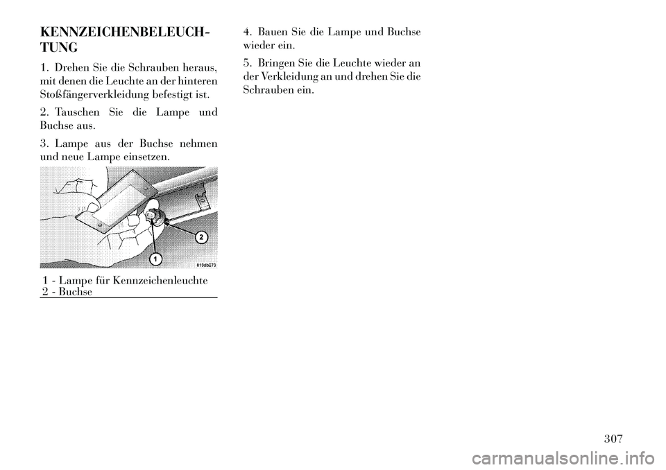 Lancia Thema 2012  Betriebsanleitung (in German) KENNZEICHENBELEUCH- TUNG 
1. Drehen Sie die Schrauben heraus, 
mit denen die Leuchte an der hinteren
Stoßfängerverkleidung befestigt ist. 
2. Tauschen Sie die Lampe und 
Buchse aus. 
3. Lampe aus de