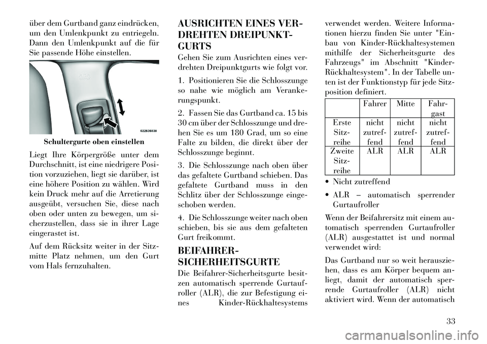 Lancia Thema 2012 Betriebsanleitung (in German) über dem Gurtband ganz eindrücken,
um den Umlenkpunkt zu entriegeln.
Dann den Umlenkpunkt auf die für
Sie passende Höhe einstellen.
Liegt Ihre Körpergröße unter dem
Durchschnitt, ist eine ni Lancia Thema 2012 Betriebsanleitung (in German) über dem Gurtband ganz eindrücken,
um den Umlenkpunkt zu entriegeln.
Dann den Umlenkpunkt auf die für
Sie passende Höhe einstellen.
Liegt Ihre Körpergröße unter dem
Durchschnitt, ist eine ni