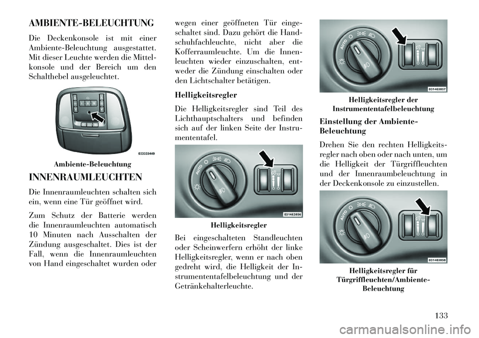 Lancia Thema 2013  Betriebsanleitung (in German) AMBIENTE-BELEUCHTUNGDie Deckenkonsole ist mit einer
Ambiente-Beleuchtung ausgestattet.
Mit dieser Leuchte werden die Mittel-
konsole und der Bereich um den
Schalthebel ausgeleuchtet.
INNENRAUMLEUCHTEN