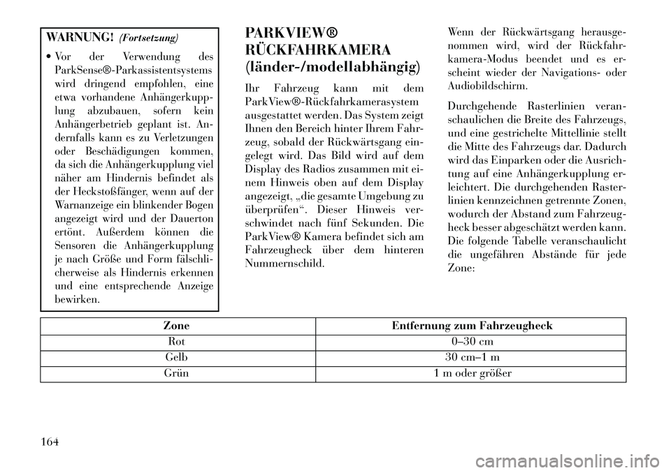 Lancia Thema 2013 Betriebsanleitung (in German) WARNUNG!(Fortsetzung)
Vor der Verwendung des
ParkSense®Parkassistentsystems
wird dringend empfohlen, eine
etwa vorhandene Anhängerkupp
lung abzubauen, sofern kein
Anhängerbetrieb geplant ist. Lancia Thema 2013 Betriebsanleitung (in German) WARNUNG!(Fortsetzung)
Vor der Verwendung des
ParkSense®Parkassistentsystems
wird dringend empfohlen, eine
etwa vorhandene Anhängerkupp
lung abzubauen, sofern kein
Anhängerbetrieb geplant ist.