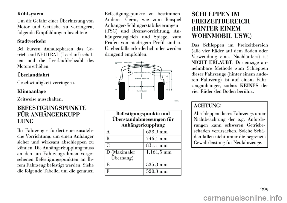 Lancia Thema 2013 Betriebsanleitung (in German) Kühlsystem
Um die Gefahr einer Überhitzung von
Motor und Getriebe zu verringern,
folgende Empfehlungen beachten:
StadtverkehrBei kurzen Anhaltephasen das Ge-
triebe auf NEUTRAL (Leerlauf) schal-
ten Lancia Thema 2013 Betriebsanleitung (in German) Kühlsystem
Um die Gefahr einer Überhitzung von
Motor und Getriebe zu verringern,
folgende Empfehlungen beachten:
StadtverkehrBei kurzen Anhaltephasen das Ge-
triebe auf NEUTRAL (Leerlauf) schal-
ten