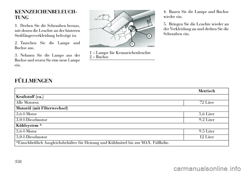 Lancia Thema 2013  Betriebsanleitung (in German) KENNZEICHENBELEUCH-
TUNG
1. Drehen Sie die Schrauben heraus,
mit denen die Leuchte an der hinteren
Stoßfängerverkleidung befestigt ist.
2.
Tauschen Sie die Lampe und
Buchse aus.
3.
Nehmen Sie die La