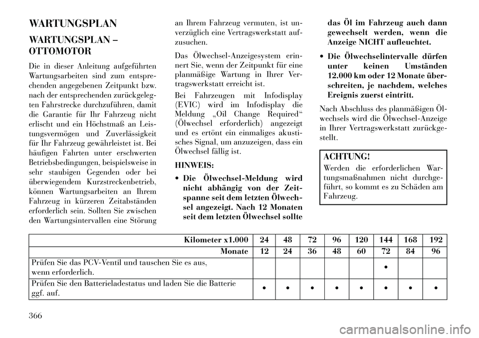 Lancia Thema 2013  Betriebsanleitung (in German) WARTUNGSPLAN
WARTUNGSPLAN –
OTTOMOTORDie in dieser Anleitung aufgeführten
Wartungsarbeiten sind zum entspre-
chenden angegebenen Zeitpunkt bzw.
nach der entsprechenden zurückgeleg­
ten Fahrstreck
