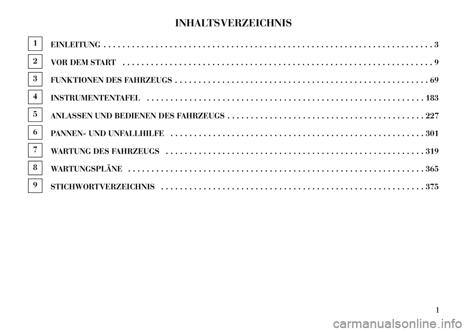 Lancia Thema 2013  Betriebsanleitung (in German) INHALTSVERZEICHNIS
1EINLEITUNG . . . . . . . . . . . . . . . . . . . . . . . . . . . . . . . . . . . . . . . . . . . . . . . . . . . . . . . . . . . . . . . . . . . . . . 32VOR DEM START . . . . . . .