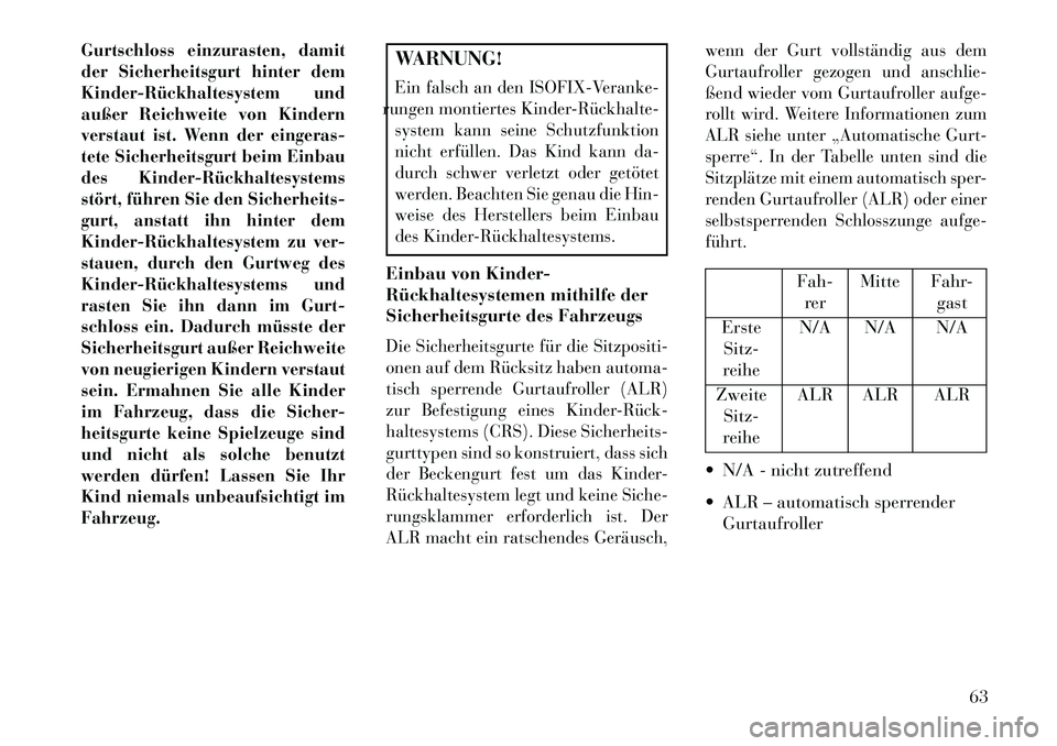Lancia Thema 2013  Betriebsanleitung (in German) Gurtschloss einzurasten, damit
der Sicherheitsgurt hinter dem
Kinder­Rückhaltesystem und
außer Reichweite von Kindern
verstaut ist. Wenn der eingeras-
tete Sicherheitsgurt beim Einbau
des Kinder­R