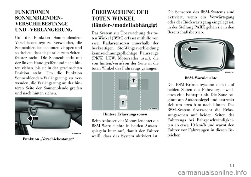 Lancia Thema 2013  Betriebsanleitung (in German) FUNKTIONEN
SONNENBLENDEN-
VERSCHIEBESTANGE
UND ­VERLÄNGERUNGUm die Funktion Sonnenblenden-
Verschiebestange zu verwenden, die
Sonnenblende nach unten klappen und
so drehen, dass sie parallel zum Sei
