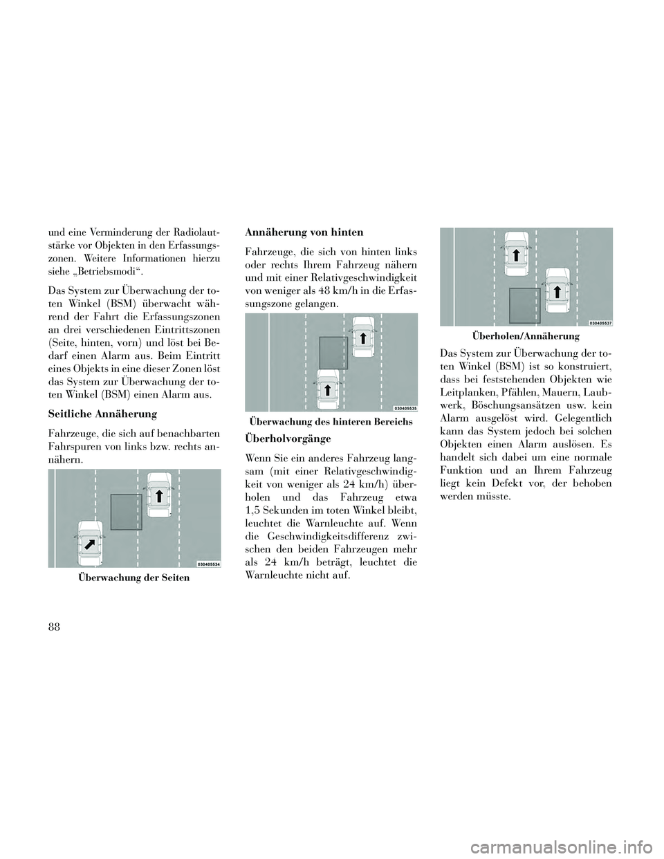 Lancia Thema 2014 Betriebsanleitung (in German) und eine Verminderung der Radiolaut-
stärke vor Objekten in den Erfassungs-
zonen. Weitere Informationen hierzu
siehe „Betriebsmodi“.
Das System zur Überwachung der to-
ten Winkel (BSM) überwac Lancia Thema 2014 Betriebsanleitung (in German) und eine Verminderung der Radiolaut-
stärke vor Objekten in den Erfassungs-
zonen. Weitere Informationen hierzu
siehe „Betriebsmodi“.
Das System zur Überwachung der to-
ten Winkel (BSM) überwac