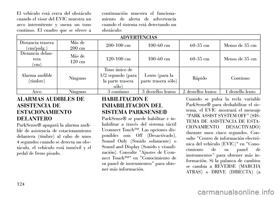 Lancia Thema 2012  Manual de Empleo y Cuidado (in Spanish) El vehículo está cerca del obstáculo 
cuando el visor del EVIC muestra un
arco intermitente y suena un tono
continuo. El cuadro que se ofrece acontinuación muestra el funciona-
miento de alerta de
