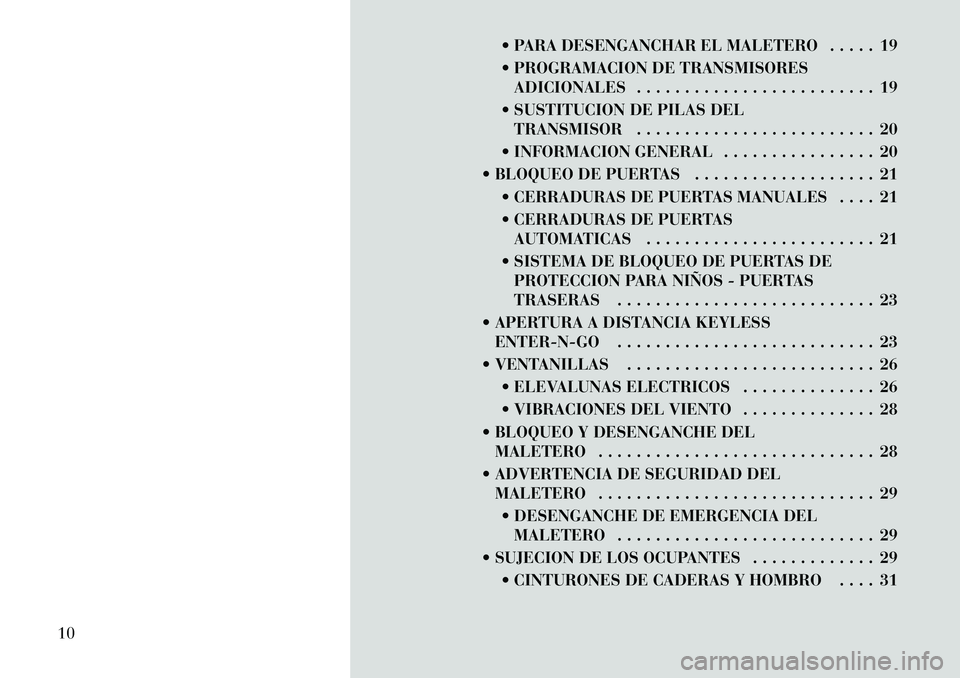 Lancia Thema 2012 Manual de Empleo y Cuidado (in Spanish) PARA DESENGANCHAR EL MALETERO . . . . . 19
PROGRAMACION DE TRANSMISORESADICIONALES . . . . . . . . . . . . . . . . . . . . . . . . . 19
SUSTITUCION DE PILAS DEL TRANSMISOR . . . . . . . . . . . Lancia Thema 2012 Manual de Empleo y Cuidado (in Spanish) PARA DESENGANCHAR EL MALETERO . . . . . 19
PROGRAMACION DE TRANSMISORESADICIONALES . . . . . . . . . . . . . . . . . . . . . . . . . 19
SUSTITUCION DE PILAS DEL TRANSMISOR . . . . . . . . . . .