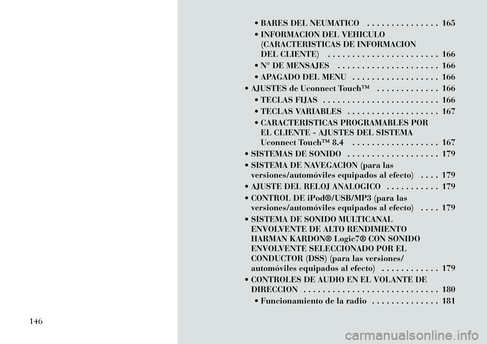 Lancia Thema 2012 Manual de Empleo y Cuidado (in Spanish) BARES DEL NEUMATICO . . . . . . . . . . . . . . . 165
INFORMACION DEL VEHICULO(CARACTERISTICAS DE INFORMACION
DEL CLIENTE) . . . . . . . . . . . . . . . . . . . . . . . 166
N° DE MENSAJES . . Lancia Thema 2012 Manual de Empleo y Cuidado (in Spanish) BARES DEL NEUMATICO . . . . . . . . . . . . . . . 165
INFORMACION DEL VEHICULO(CARACTERISTICAS DE INFORMACION
DEL CLIENTE) . . . . . . . . . . . . . . . . . . . . . . . 166
N° DE MENSAJES . .