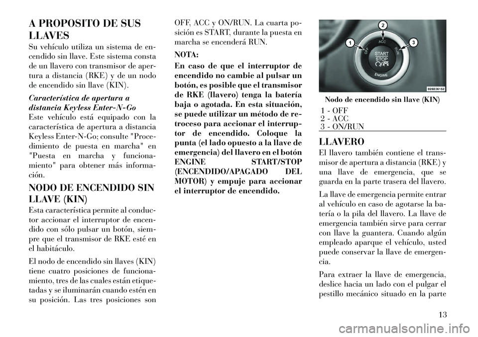 Lancia Thema 2012 Manual de Empleo y Cuidado (in Spanish) A PROPOSITO DE SUS
LLAVES
Su vehÃculo utiliza un sistema de en-
cendido sin llave. Este sistema consta
de un llavero con transmisor de aper-
tura a distancia (RKE) y de un nodo
de encendido sin ll Lancia Thema 2012 Manual de Empleo y Cuidado (in Spanish) A PROPOSITO DE SUS
LLAVES
Su vehÃculo utiliza un sistema de en-
cendido sin llave. Este sistema consta
de un llavero con transmisor de aper-
tura a distancia (RKE) y de un nodo
de encendido sin ll