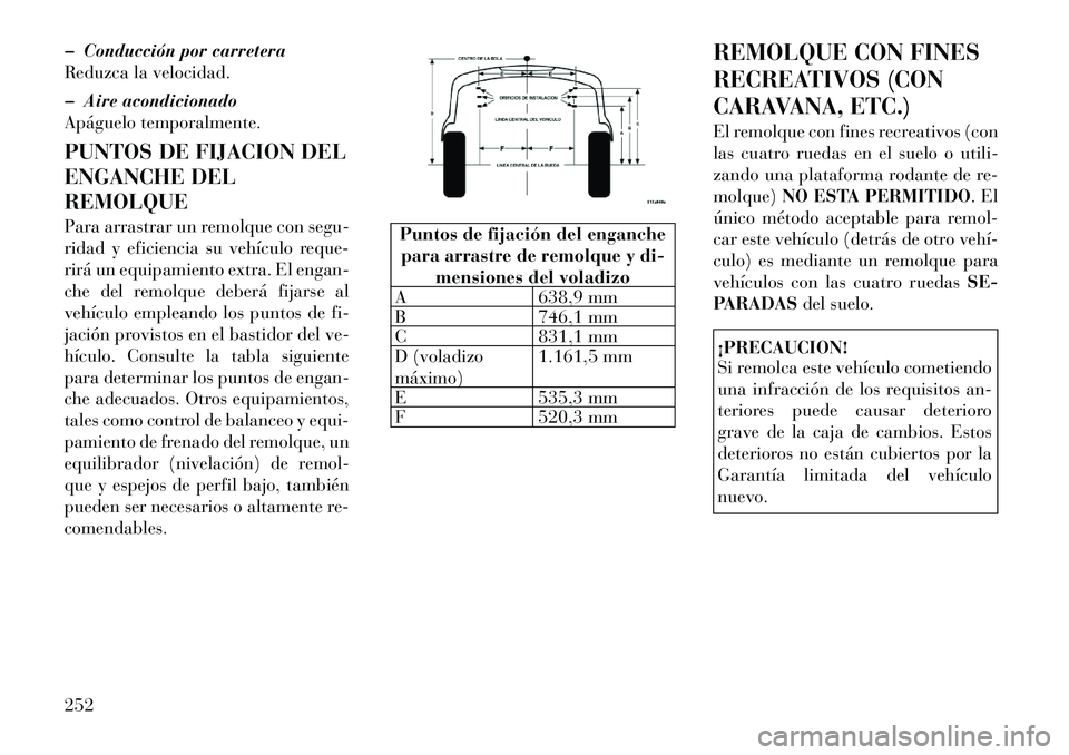 Lancia Thema 2012  Manual de Empleo y Cuidado (in Spanish) � Conducción por carretera 
Reduzca la velocidad. 
� Aire acondicionado 
Apáguelo temporalmente. 
PUNTOS DE FIJACION DEL 
ENGANCHE DELREMOLQUE 
Para arrastrar un remolque con segu- 
ridad y eficienc