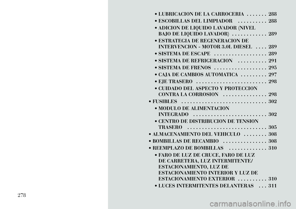 Lancia Thema 2012 Manual de Empleo y Cuidado (in Spanish) LUBRICACION DE LA CARROCERIA . . . . . . . 288
ESCOBILLAS DEL LIMPIADOR . . . . . . . . . . 288
ADICION DE LIQUIDO LAVADOR (NIVELBAJO DE LIQUIDO LAVADOR) . . . . . . . . . . . . 289
ESTRATEGI Lancia Thema 2012 Manual de Empleo y Cuidado (in Spanish) LUBRICACION DE LA CARROCERIA . . . . . . . 288
ESCOBILLAS DEL LIMPIADOR . . . . . . . . . . 288
ADICION DE LIQUIDO LAVADOR (NIVELBAJO DE LIQUIDO LAVADOR) . . . . . . . . . . . . 289
ESTRATEGI