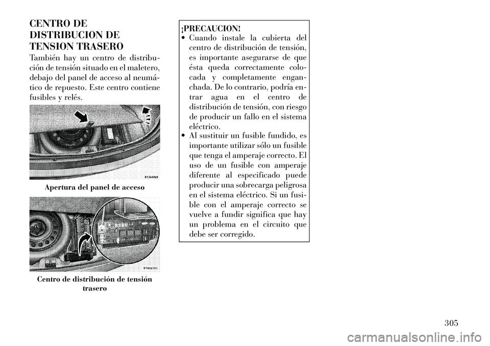 Lancia Thema 2012  Manual de Empleo y Cuidado (in Spanish) CENTRO DE 
DISTRIBUCION DE
TENSION TRASERO 
También hay un centro de distribu- 
ción de tensión situado en el maletero,
debajo del panel de acceso al neumá­
tico de repuesto. Este centro contiene
