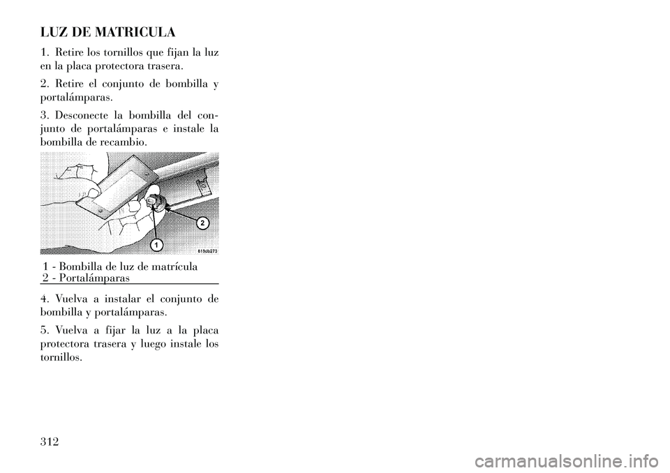 Lancia Thema 2012  Manual de Empleo y Cuidado (in Spanish) LUZ DE MATRICULA 
1. Retire los tornillos que fijan la luz 
en la placa protectora trasera. 
2. Retire el conjunto de bombilla y portalámparas. 
3. Desconecte la bombilla del con- 
junto de portalám