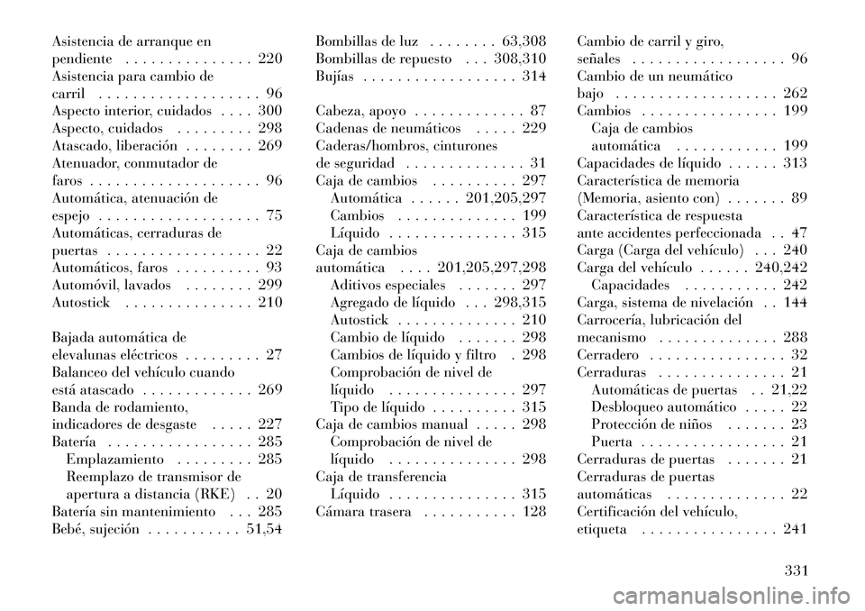 Lancia Thema 2012 Manual de Empleo y Cuidado (in Spanish) Asistencia de arranque en
pendiente . . . . . . . . . . . . . . . 220
Asistencia para cambio de
carril . . . . . . . . . . . . . . . . . . . 96
Aspecto interior, cuidados . . . . 300
Aspecto, cuidado Lancia Thema 2012 Manual de Empleo y Cuidado (in Spanish) Asistencia de arranque en
pendiente . . . . . . . . . . . . . . . 220
Asistencia para cambio de
carril . . . . . . . . . . . . . . . . . . . 96
Aspecto interior, cuidados . . . . 300
Aspecto, cuidado