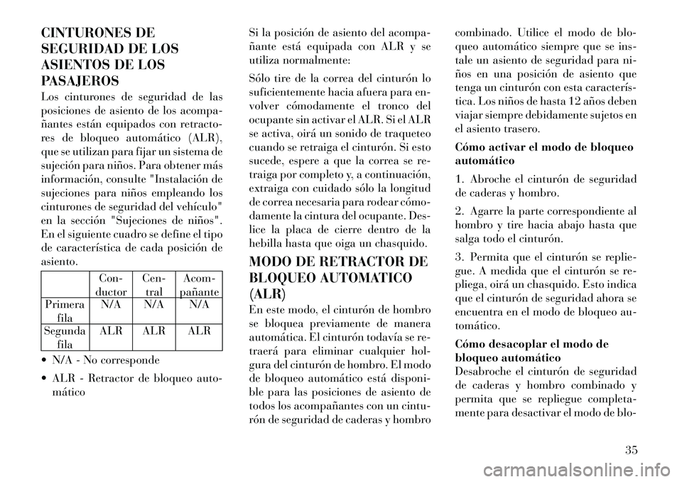 Lancia Thema 2012 Manual de Empleo y Cuidado (in Spanish) CINTURONES DE
SEGURIDAD DE LOS
ASIENTOS DE LOS
PASAJEROS
Los cinturones de seguridad de las
posiciones de asiento de los acompa-
ñantes están equipados con retracto-
res de bloqueo automático (A Lancia Thema 2012 Manual de Empleo y Cuidado (in Spanish) CINTURONES DE
SEGURIDAD DE LOS
ASIENTOS DE LOS
PASAJEROS
Los cinturones de seguridad de las
posiciones de asiento de los acompa-
ñantes están equipados con retracto-
res de bloqueo automático (A