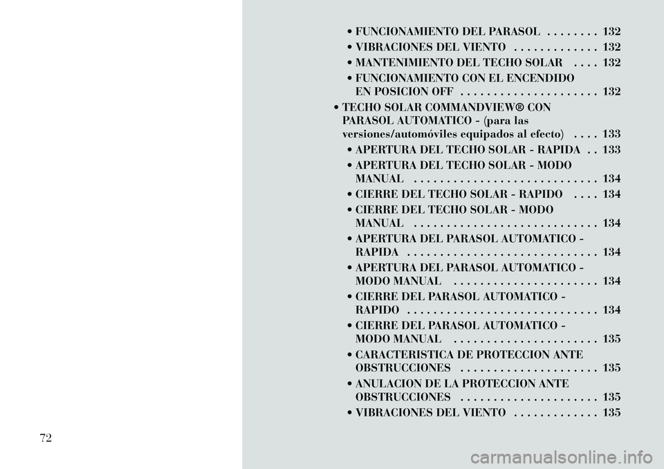 Lancia Thema 2012 Manual de Empleo y Cuidado (in Spanish) FUNCIONAMIENTO DEL PARASOL . . . . . . . . 132
VIBRACIONES DEL VIENTO . . . . . . . . . . . . . 132
MANTENIMIENTO DEL TECHO SOLAR . . . . 132
FUNCIONAMIENTO CON EL ENCENDIDOEN POSICION OFF . Lancia Thema 2012 Manual de Empleo y Cuidado (in Spanish) FUNCIONAMIENTO DEL PARASOL . . . . . . . . 132
VIBRACIONES DEL VIENTO . . . . . . . . . . . . . 132
MANTENIMIENTO DEL TECHO SOLAR . . . . 132
FUNCIONAMIENTO CON EL ENCENDIDOEN POSICION OFF .