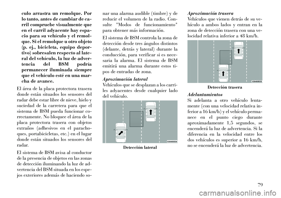 Lancia Thema 2012 Manual de Empleo y Cuidado (in Spanish) culo arrastra un remolque. Por
lo tanto, antes de cambiar de ca-
rril compruebe visualmente que
en el carril adyacente hay espa-
cio para su vehículo y el remol-
que. Si el remolque u otro objeto
(p Lancia Thema 2012 Manual de Empleo y Cuidado (in Spanish) culo arrastra un remolque. Por
lo tanto, antes de cambiar de ca-
rril compruebe visualmente que
en el carril adyacente hay espa-
cio para su vehículo y el remol-
que. Si el remolque u otro objeto
(p