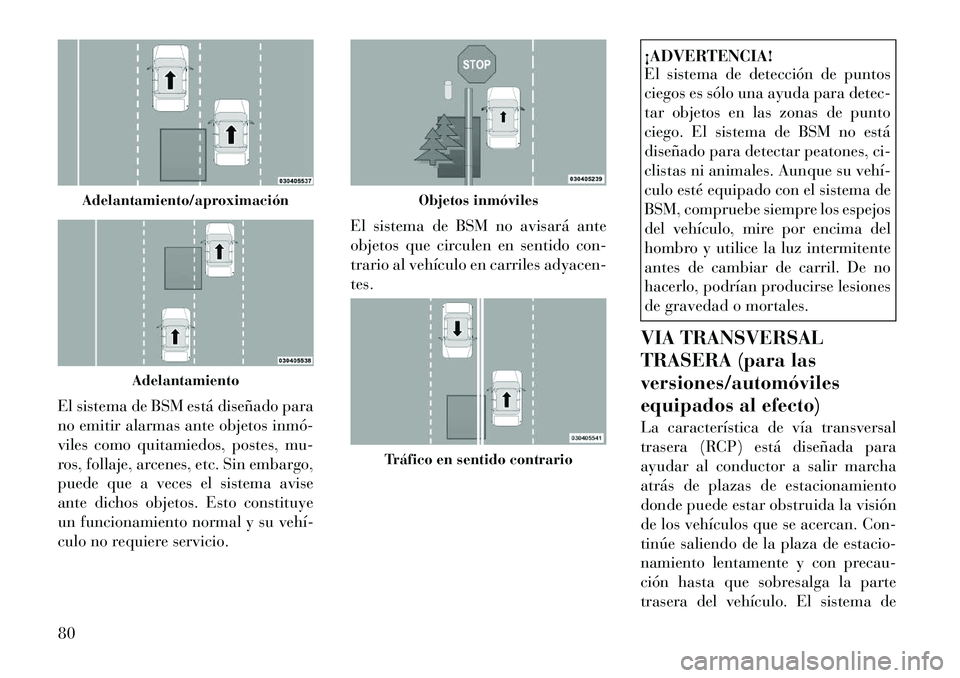 Lancia Thema 2012 Manual de Empleo y Cuidado (in Spanish) El sistema de BSM está diseñado para
no emitir alarmas ante objetos inmó
viles como quitamiedos, postes, mu-
ros, follaje, arcenes, etc. Sin embargo,
puede que a veces el sistema avise
ante dich Lancia Thema 2012 Manual de Empleo y Cuidado (in Spanish) El sistema de BSM está diseñado para
no emitir alarmas ante objetos inmó
viles como quitamiedos, postes, mu-
ros, follaje, arcenes, etc. Sin embargo,
puede que a veces el sistema avise
ante dich