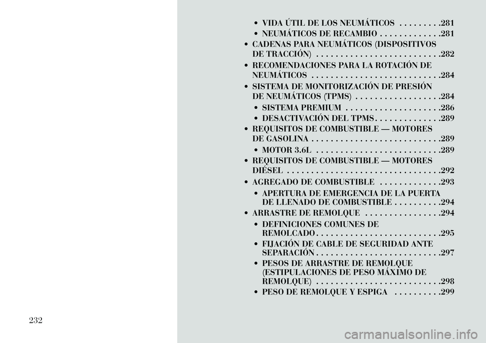Lancia Thema 2013 Manual de Empleo y Cuidado (in Spanish) VIDA ÚTIL DE LOS NEUMÁTICOS . . . . . . . . .281
NEUMÁTICOS DE RECAMBIO . . . . . . . . . . . . .281
CADENAS PARA NEUMÁTICOS (DISPOSITIVOS DE TRACCIÓN) . . . . . . . . . . . . . . . . . . . Lancia Thema 2013 Manual de Empleo y Cuidado (in Spanish) VIDA ÚTIL DE LOS NEUMÁTICOS . . . . . . . . .281
NEUMÁTICOS DE RECAMBIO . . . . . . . . . . . . .281
CADENAS PARA NEUMÁTICOS (DISPOSITIVOS DE TRACCIÓN) . . . . . . . . . . . . . . . . . . .
