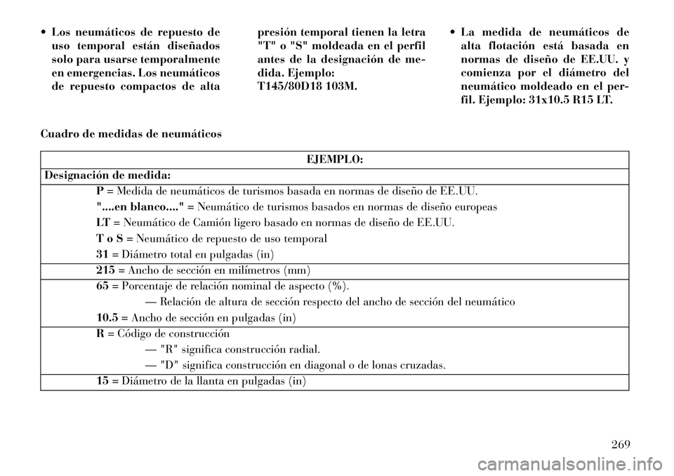 Lancia Thema 2013  Manual de Empleo y Cuidado (in Spanish)  Los neumáticos de repuesto deuso temporal están diseñados
solo para usarse temporalmente
en emergencias. Los neumáticos
de repuesto compactos de alta presión temporal tienen la letra
"T" o "S" 