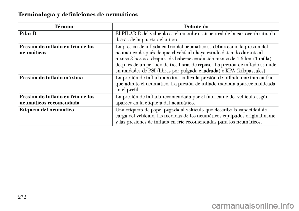 Lancia Thema 2013  Manual de Empleo y Cuidado (in Spanish) Terminología y definiciones de neumáticos
TérminoDefinición
Pilar B El PILAR B del vehículo es el miembro estructural de la carrocería situado
detrás de la puerta delantera.
Presión de inflado