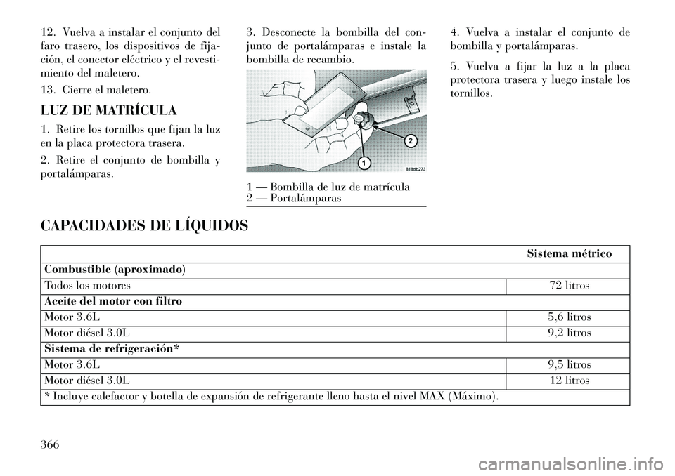 Lancia Thema 2013  Manual de Empleo y Cuidado (in Spanish) 12. Vuelva a instalar el conjunto del
faro trasero, los dispositivos de fija-
ción, el conector eléctrico y el revesti-
miento del maletero.
13. Cierre el maletero.
LUZ DE MATRÍCULA
1. Retire los t