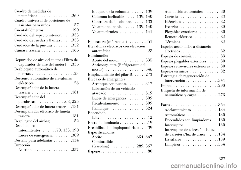 Lancia Thema 2013 Manual de Empleo y Cuidado (in Spanish) Cuadro de medidas deneumáticos . . . . . . . . . . . . . .269
Cuadro universal de posiciones de asientos para niños . . . . . . . . . .57
Cuentakilómetros . . . . . . . . . . . .190
Cuidado del asp Lancia Thema 2013 Manual de Empleo y Cuidado (in Spanish) Cuadro de medidas deneumáticos . . . . . . . . . . . . . .269
Cuadro universal de posiciones de asientos para niños . . . . . . . . . .57
Cuentakilómetros . . . . . . . . . . . .190
Cuidado del asp