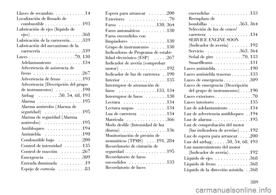 Lancia Thema 2013 Manual de Empleo y Cuidado (in Spanish) Llaves de recambio. . . . . . . . . . . .14
Localización de llenado de combustible . . . . . . . . . . . . . .193
Lubricación de ejes (líquido de ejes) . . . . . . . . . . . . . . . . . . .368
Lubr Lancia Thema 2013 Manual de Empleo y Cuidado (in Spanish) Llaves de recambio. . . . . . . . . . . .14
Localización de llenado de combustible . . . . . . . . . . . . . .193
Lubricación de ejes (líquido de ejes) . . . . . . . . . . . . . . . . . . .368
Lubr