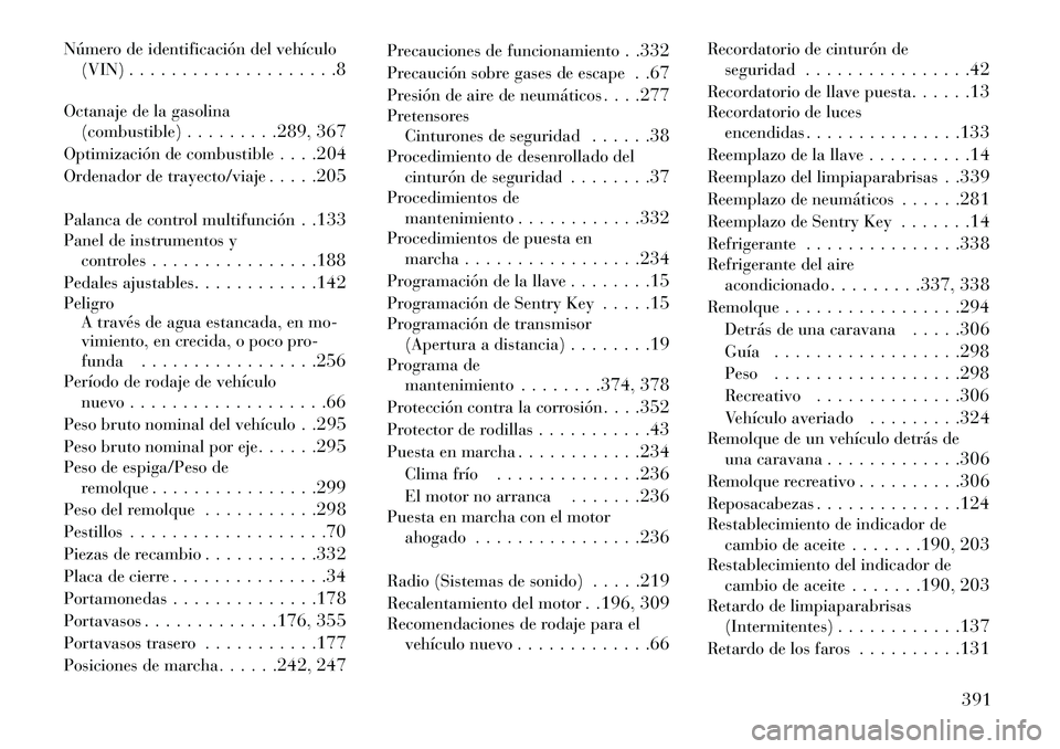 Lancia Thema 2013 Manual de Empleo y Cuidado (in Spanish) Número de identificación del vehículo(VIN) . . . . . . . . . . . . . . . . . . . .8
Octanaje de la gasolina (combustible) . . . . . . . . .289, 367
Optimización de combustible . . . .204
Ordenador Lancia Thema 2013 Manual de Empleo y Cuidado (in Spanish) Número de identificación del vehículo(VIN) . . . . . . . . . . . . . . . . . . . .8
Octanaje de la gasolina (combustible) . . . . . . . . .289, 367
Optimización de combustible . . . .204
Ordenador