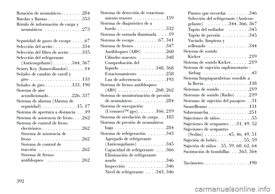 Lancia Thema 2013 Manual de Empleo y Cuidado (in Spanish) Rotación de neumáticos. . . . . . . .284
Ruedas y llantas . . . . . . . . . . . . .353
Rótulo de información de carga y neumáticos . . . . . . . . . . . . . .273
Seguridad de gases de escape . . Lancia Thema 2013 Manual de Empleo y Cuidado (in Spanish) Rotación de neumáticos. . . . . . . .284
Ruedas y llantas . . . . . . . . . . . . .353
Rótulo de información de carga y neumáticos . . . . . . . . . . . . . .273
Seguridad de gases de escape . .