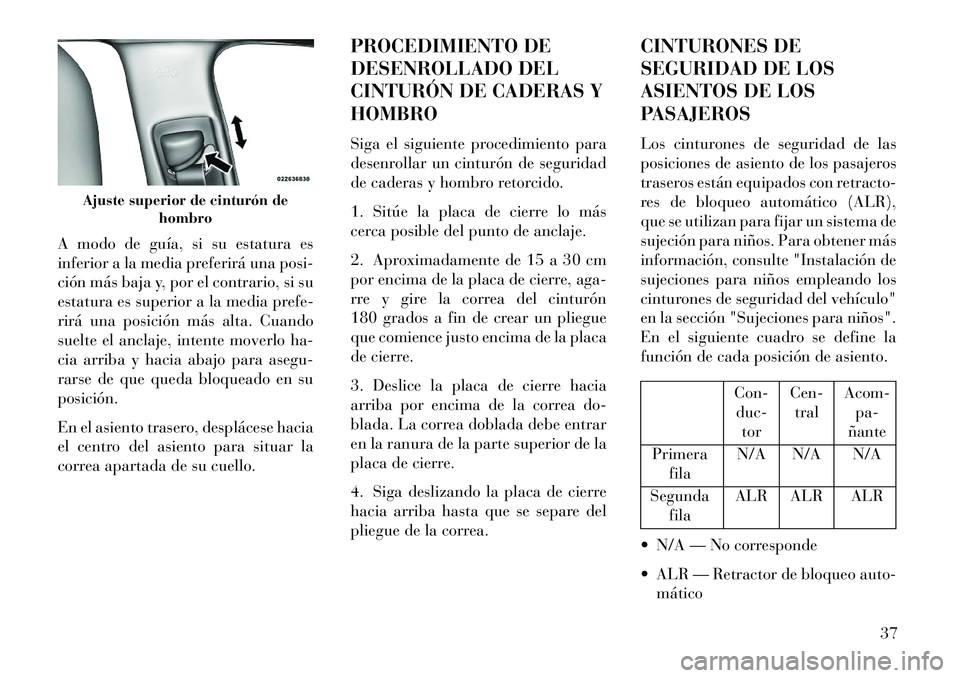 Lancia Thema 2013 Manual de Empleo y Cuidado (in Spanish) A modo de guía, si su estatura es
inferior a la media preferirá una posi-
ción más baja y, por el contrario, si su
estatura es superior a la media prefe-
rirá una posición más alta. Cuando
suel Lancia Thema 2013 Manual de Empleo y Cuidado (in Spanish) A modo de guía, si su estatura es
inferior a la media preferirá una posi-
ción más baja y, por el contrario, si su
estatura es superior a la media prefe-
rirá una posición más alta. Cuando
suel