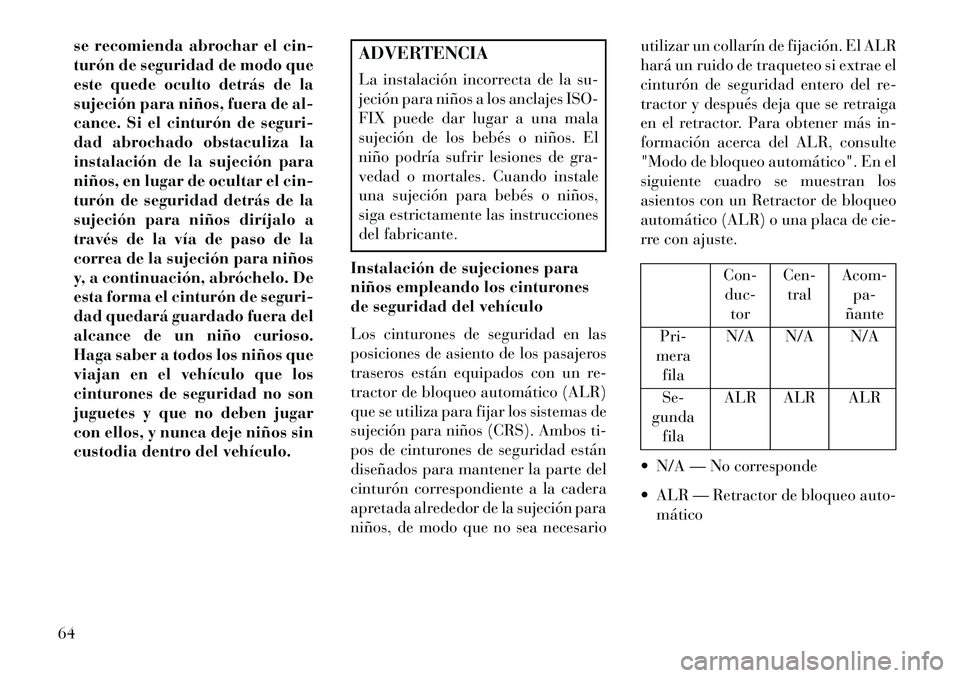 Lancia Thema 2013 Manual de Empleo y Cuidado (in Spanish) se recomienda abrochar el cin-
turón de seguridad de modo que
este quede oculto detrás de la
sujeción para niños, fuera de al-
cance. Si el cinturón de seguri-
dad abrochado obstaculiza la
instal Lancia Thema 2013 Manual de Empleo y Cuidado (in Spanish) se recomienda abrochar el cin-
turón de seguridad de modo que
este quede oculto detrás de la
sujeción para niños, fuera de al-
cance. Si el cinturón de seguri-
dad abrochado obstaculiza la
instal