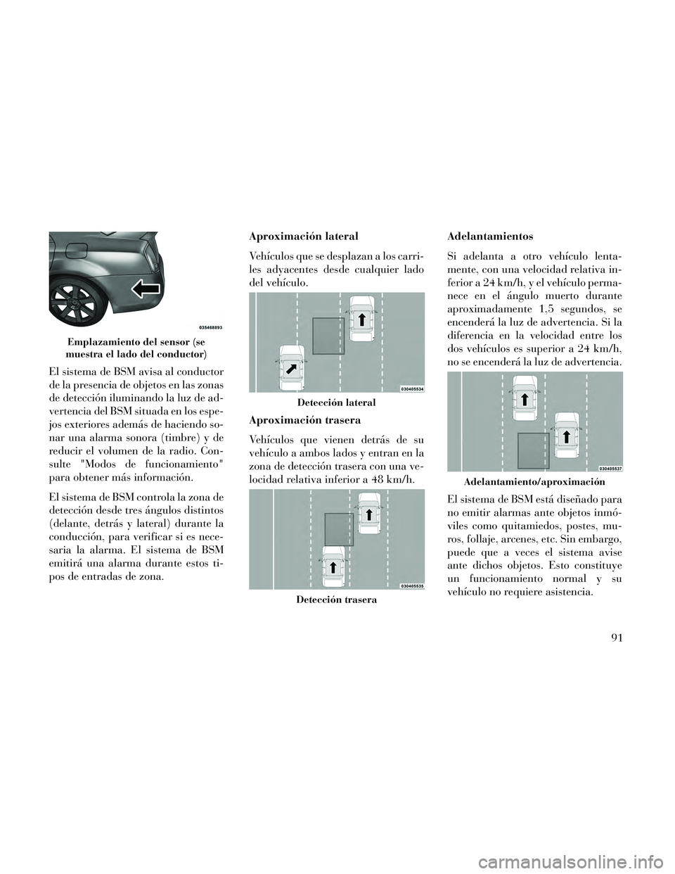 Lancia Thema 2014  Manual de Empleo y Cuidado (in Spanish) El sistema de BSM avisa al conductor
de la presencia de objetos en las zonas
de detección iluminando la luz de ad-
vertencia del BSM situada en los espe-
jos exteriores además de haciendo so-
nar un