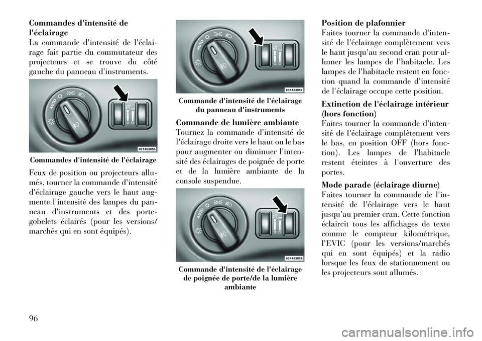 Lancia Thema 2011  Notice dentretien (in French) Commandes dintensité de léclairage
La commande dintensité de léclai­
rage fait partie du commutateur des
projecteurs et se trouve du côté
gauche du panneau dinstruments. 
Feux de position 