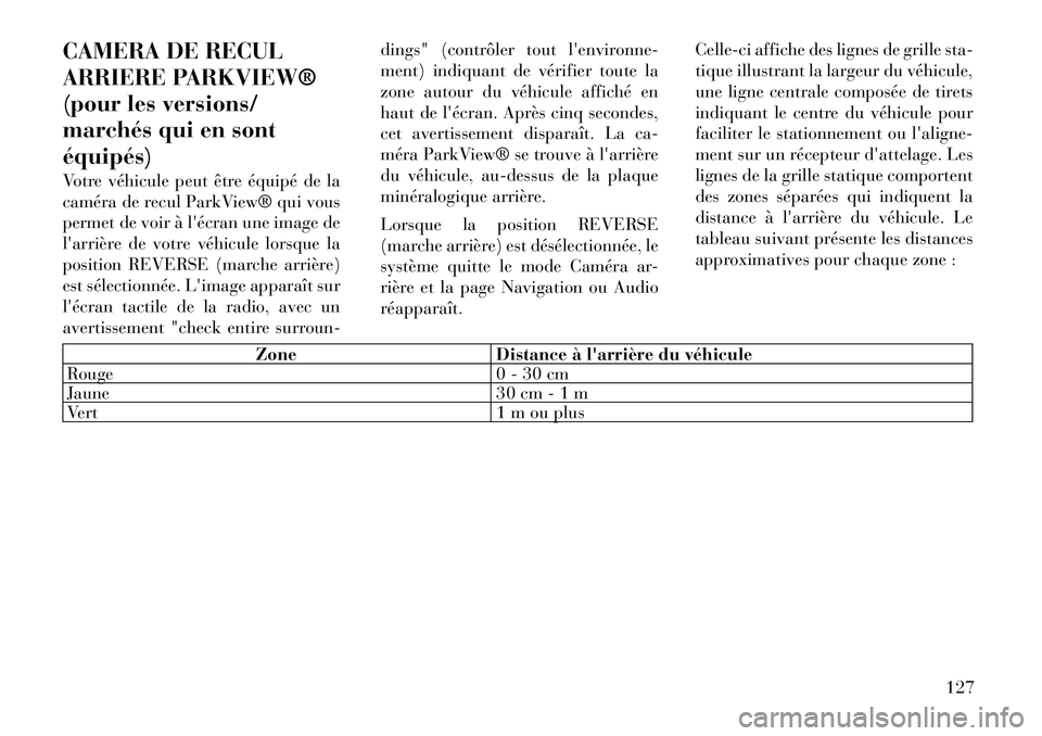 Lancia Thema 2012  Notice dentretien (in French) CAMERA DE RECUL 
ARRIERE PARKVIEW®
(pour les versions/
marchés qui en sontéquipés) 
Votre véhicule peut être équipé de la 
caméra de recul ParkView® qui vous
permet de voir à lécran une i