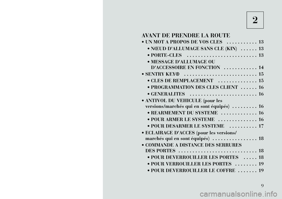 Lancia Thema 2012  Notice dentretien (in French) 2
AVANT DE PRENDRE LA ROUTE 
 UN MOT A PROPOS DE VOS CLES . . . . . . . . . . . 13  NŒUD DALLUMAGE SANS CLE (KIN) . . . . . . 13 
 PORTE-CLES . . . . . . . . . . . . . . . . . . . . . . . . . 13
